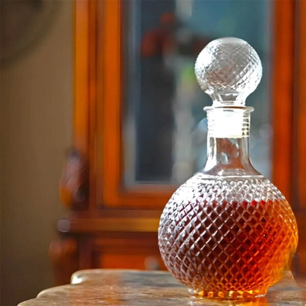 carafe à whisky ronde en verre taillé sur un meuble