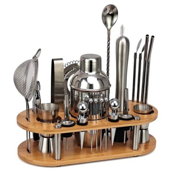 mini cocktail kit avec support de rangement en bambou