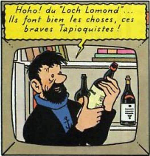 le capitaine haddock avec une bouteille de loch lomond